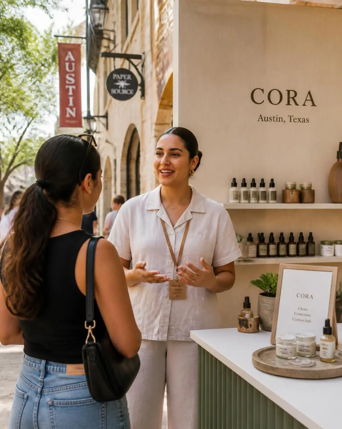 Brand representative in conversation with a customer at an Austin retail activation