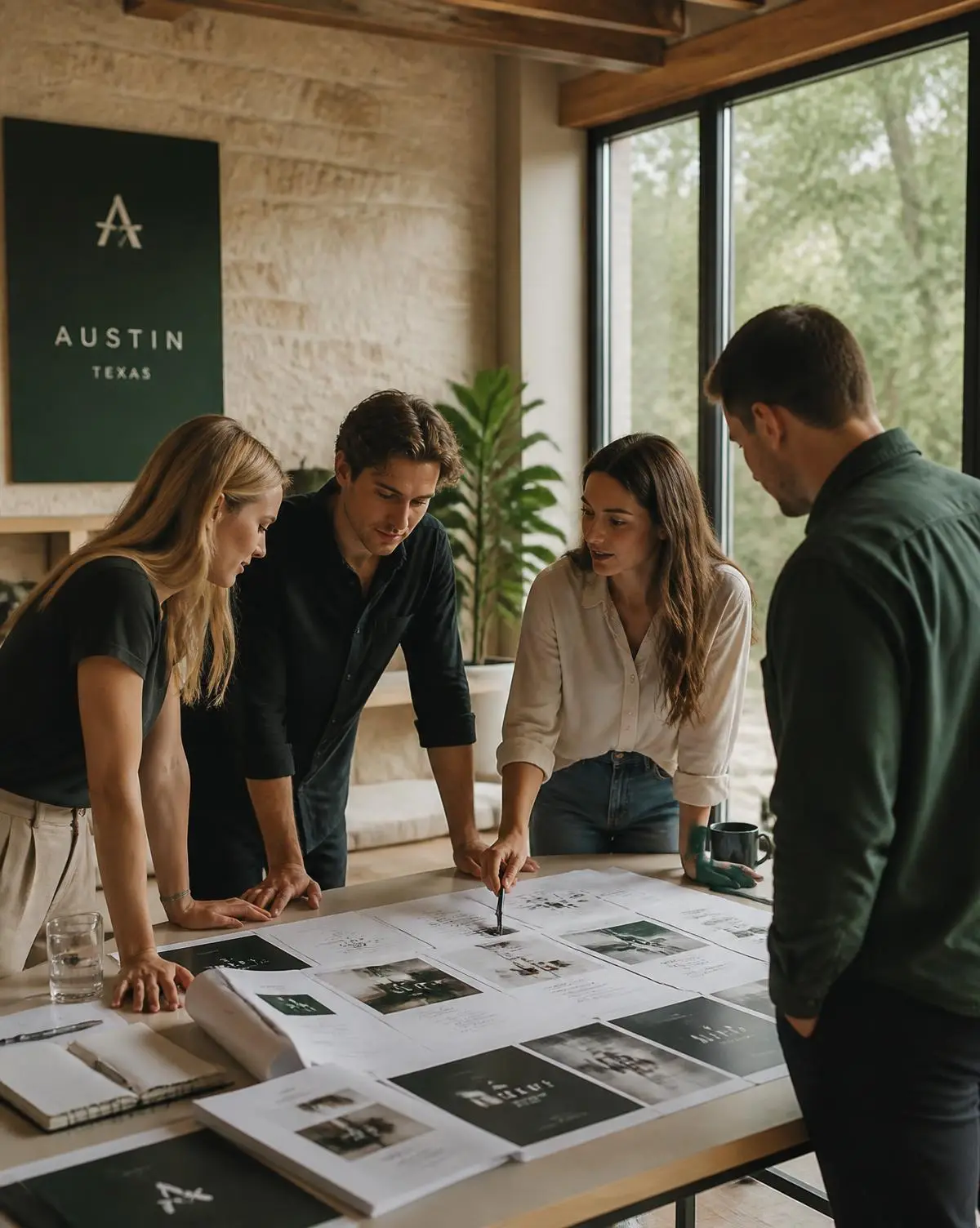 Tandem team reviewing a printed campaign plan around a table in an Austin office